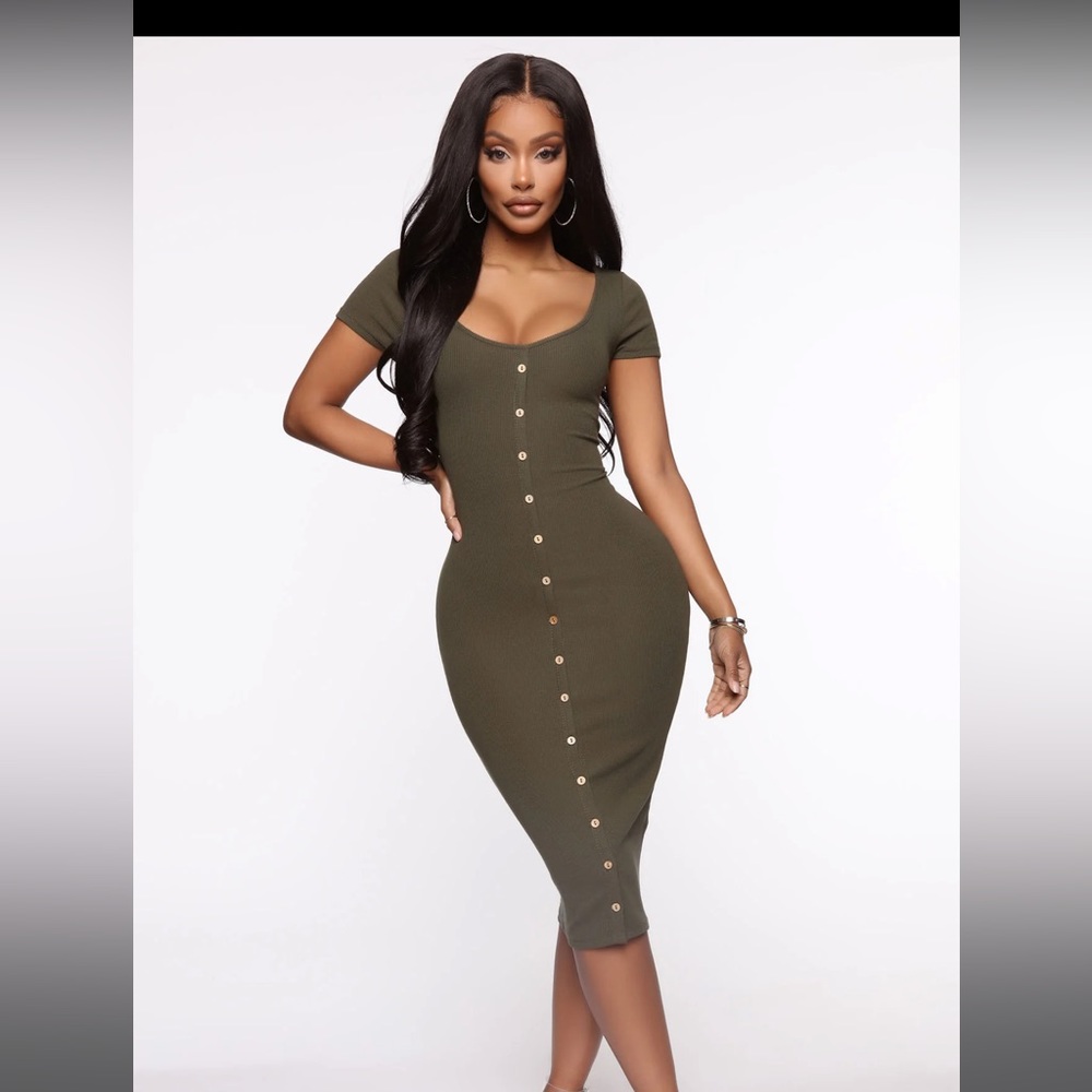 GREEN BUTTON DOWN MIDI DRESS